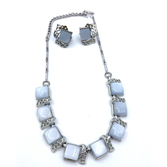 Vintage CORO Necklace Blue Square Lucite Moonglow Necklace and Clip Earrings - Picture 2 of 8